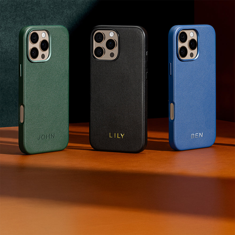 Leather case collection banner featuring iPhone 16 Pro Max cases