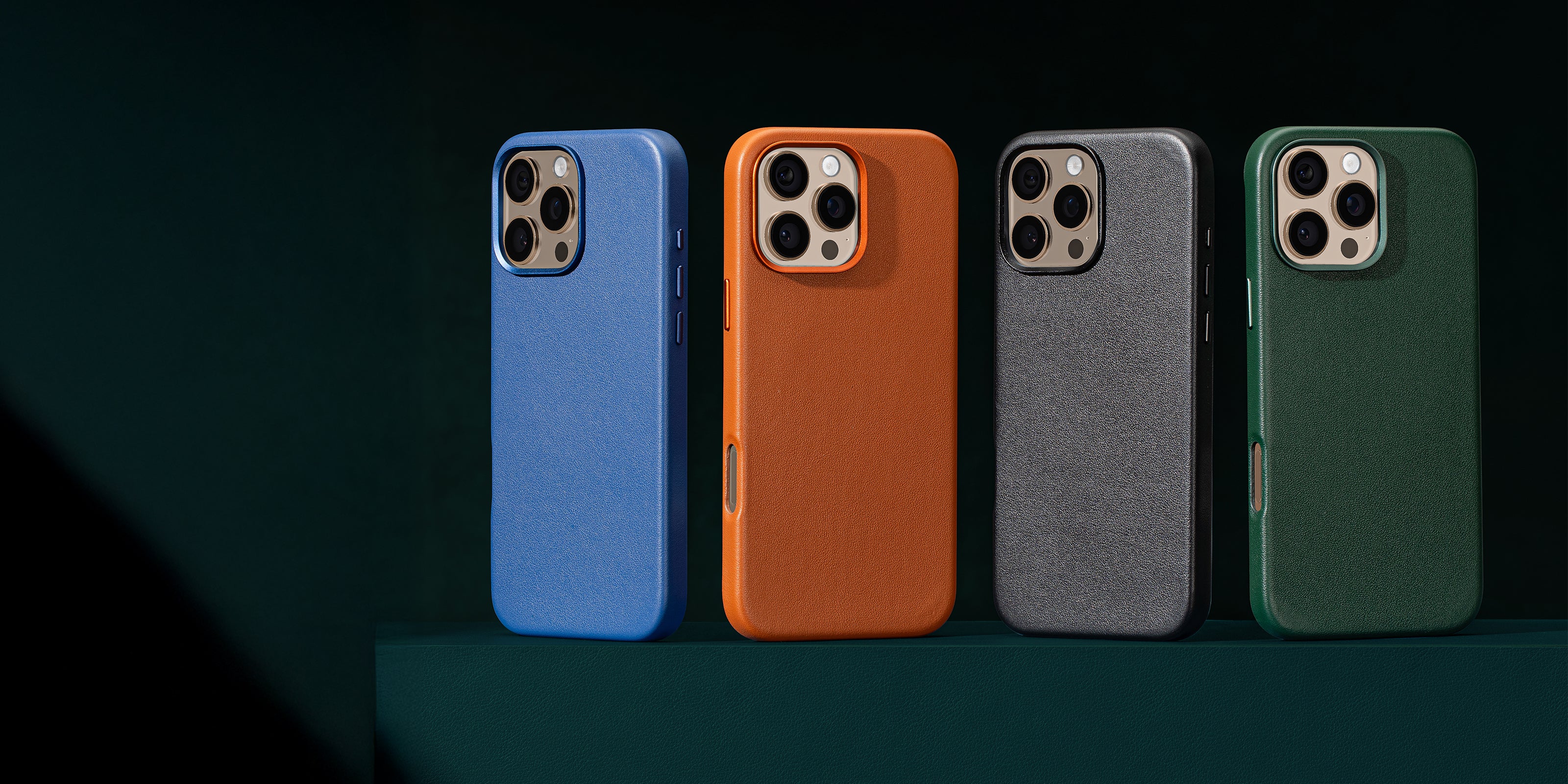 Banner image showcasing multiple leather phone cases designed for iPhone 16 Pro Max