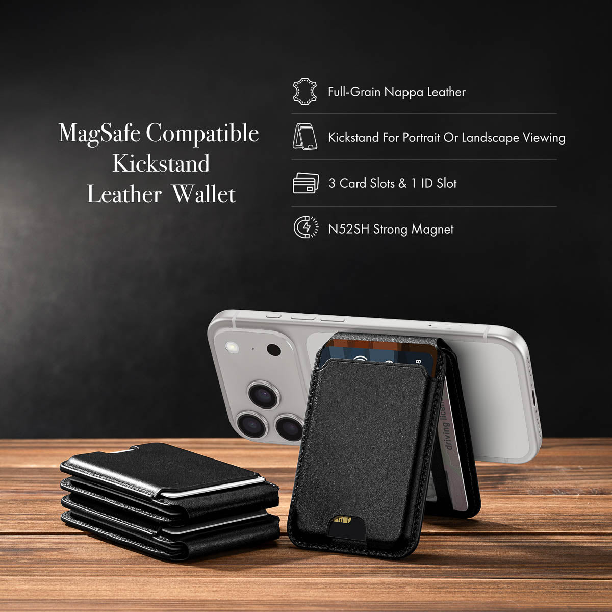 MagSafe Compatible Kickstand Leather Wallet - Obsidian Black