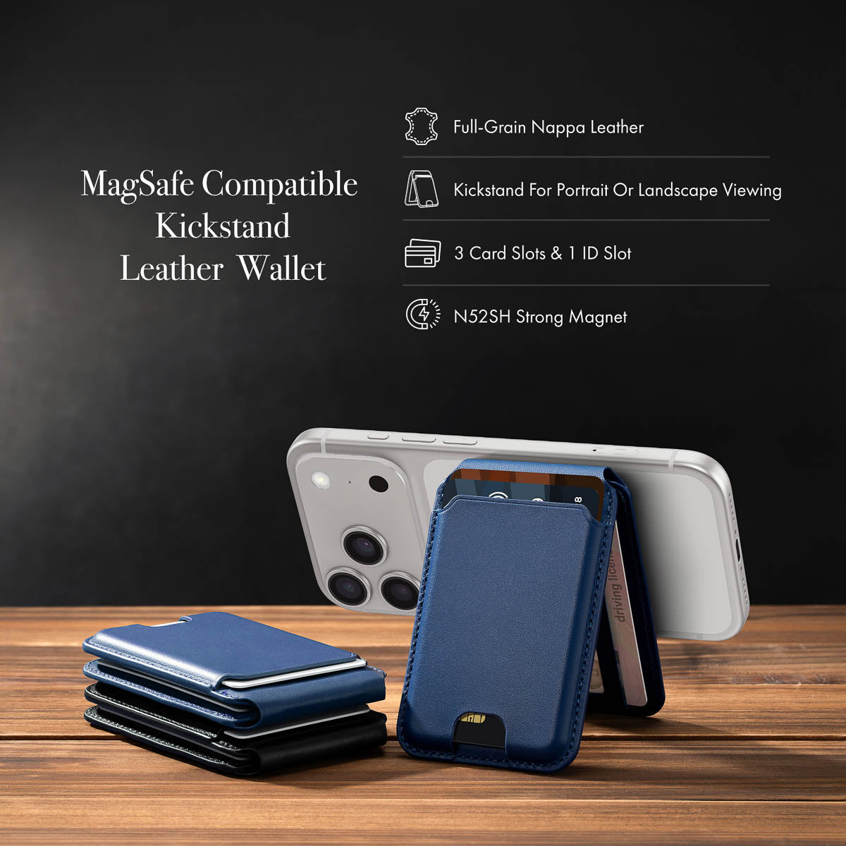 MagSafe Compatible Kickstand Leather Wallet - Sapphire Blue