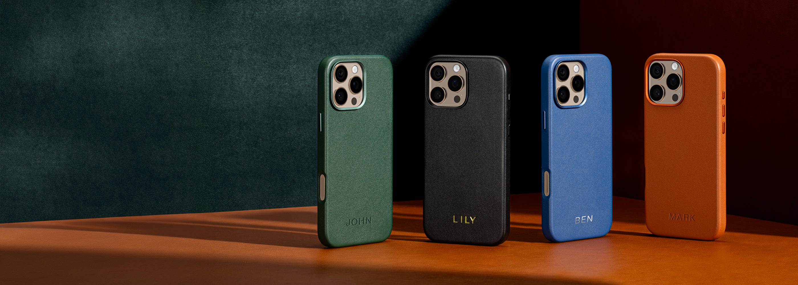 iPhone 16 Pro leather case in luxe finish with personalized engraving space