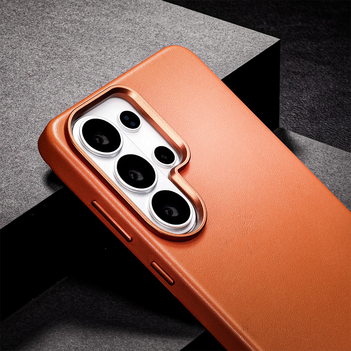 S26 Ultra Brown Leather phone case with camera module on a dark gray background