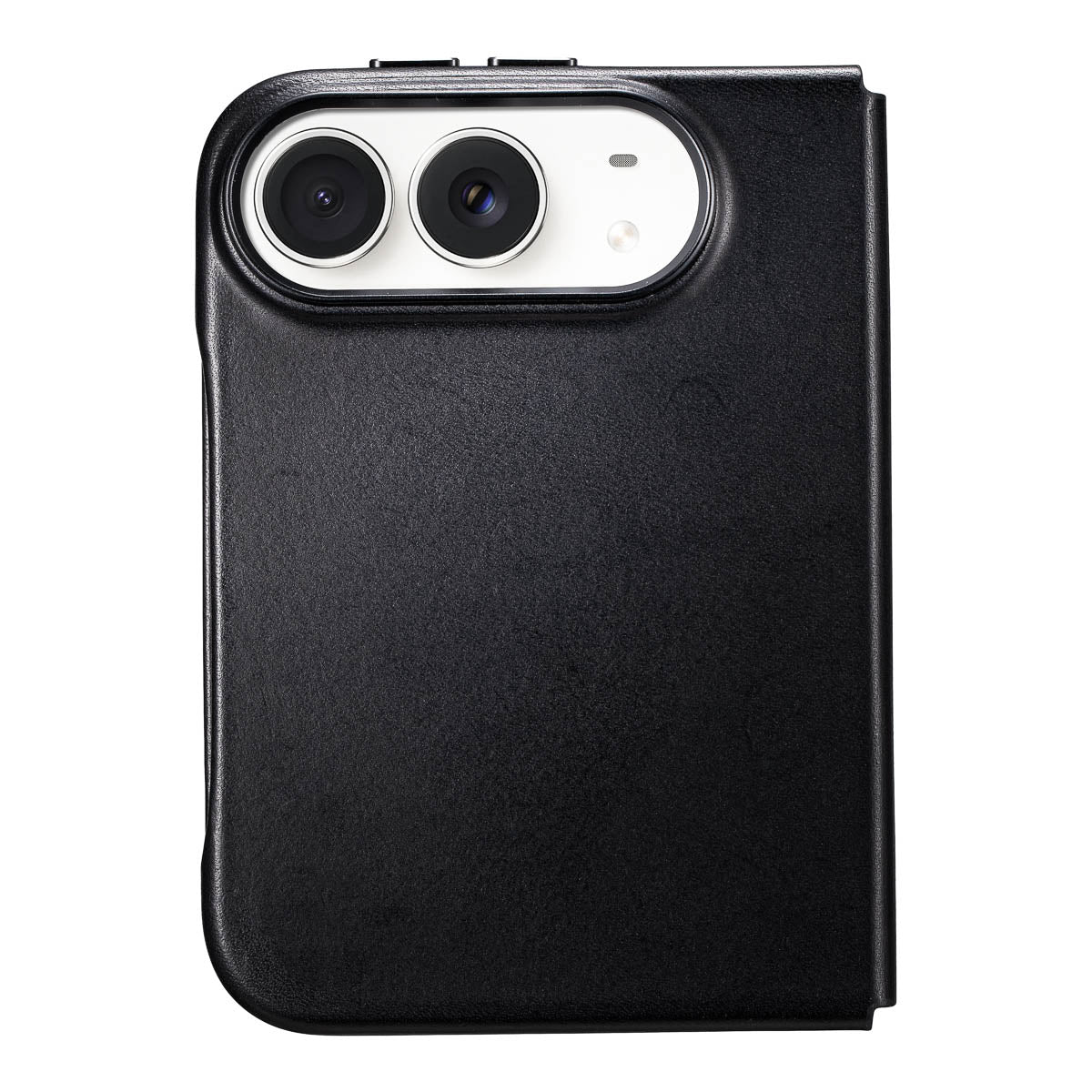 Noir Black vachetta leather iPhone Duo folio case, back view with metal camera frame