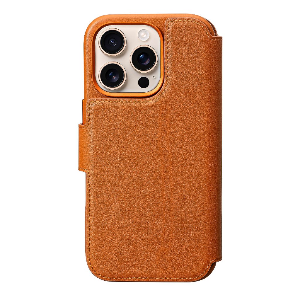iPhone 16 Pro Max Leather Wallet Case - Detachable 2-in-1 - Timeless Luxe - Cognac Brown