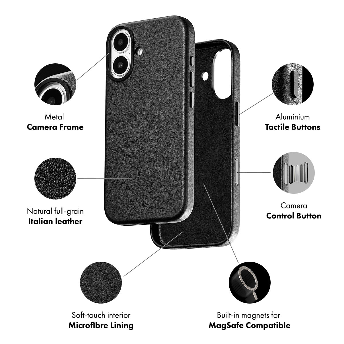 iphone 17 leather case in obsidian black by Casebelle - camera control touch button for improved accessibility