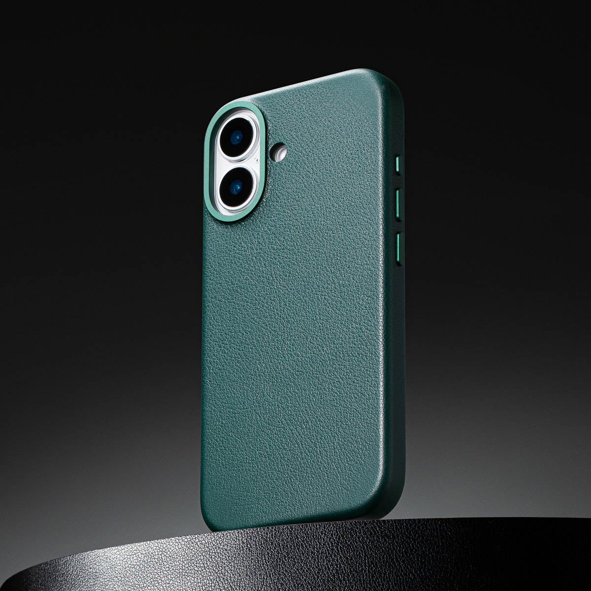 close up of racing green leather case for iphone 17 max showing full grain italian leather texture