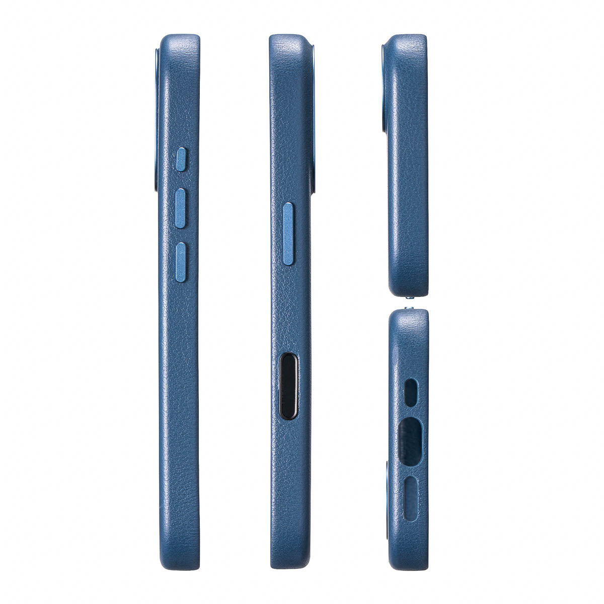 precisely cut speaker and charging port openings on iphone 17 max leather case in steel blue
