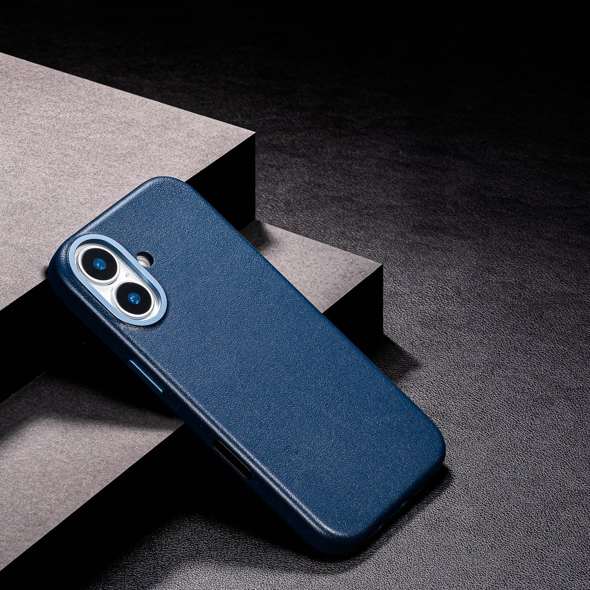 slim steel blue iphone 17 leather case showing thin profile and curved edges