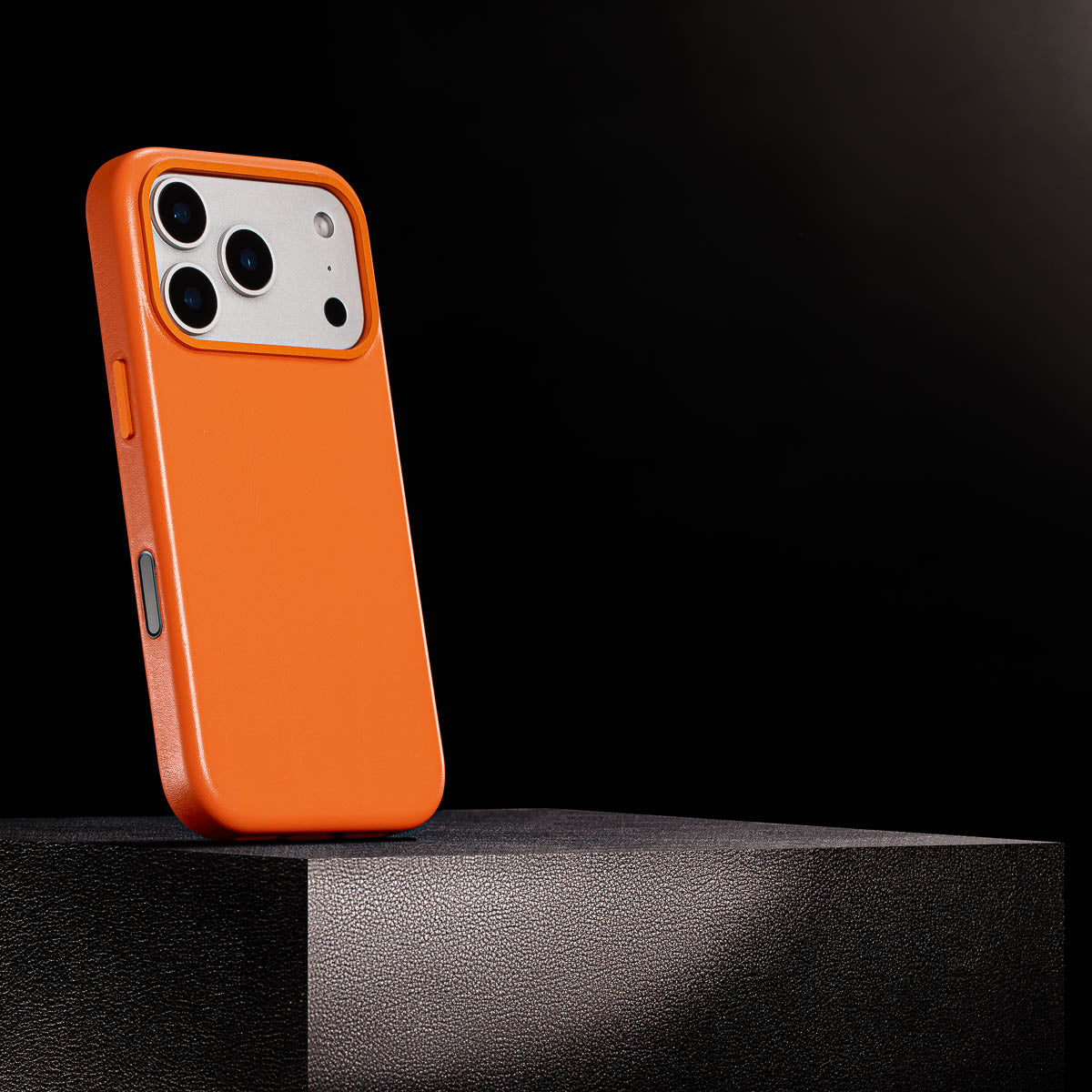 magsafe compatible solar orange leather case for iphone 17 pro with smooth finish built in magnets