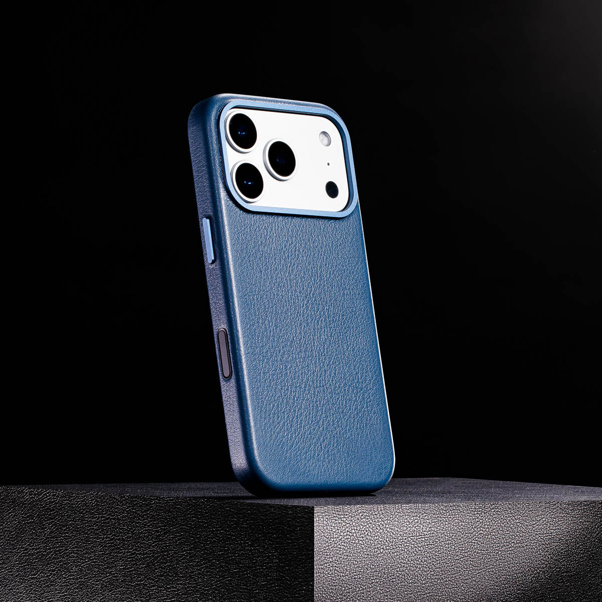 magsafe compatible steel blue leather case for iphone 17 pro max with smooth finish built in magnets