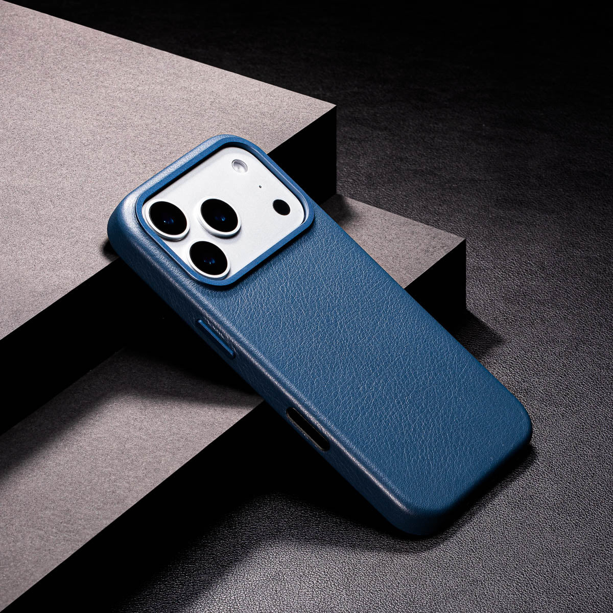 slim steel blue iphone 17 pro leather case showing thin profile and curved edges