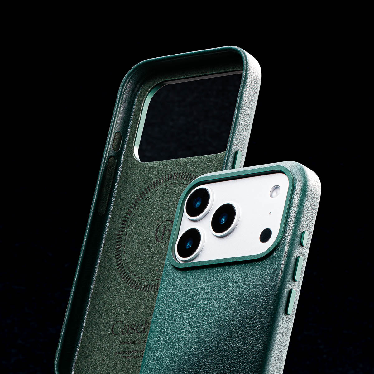 soft suede microfiber interior lining of iphone 17 pro max racing green leather case by casebelle