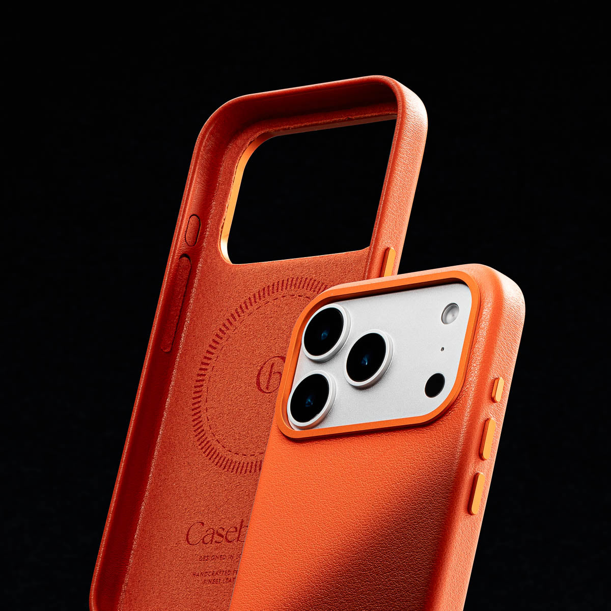 soft suede microfiber interior lining of iphone 17 pro max solar orange leather case by casebelle