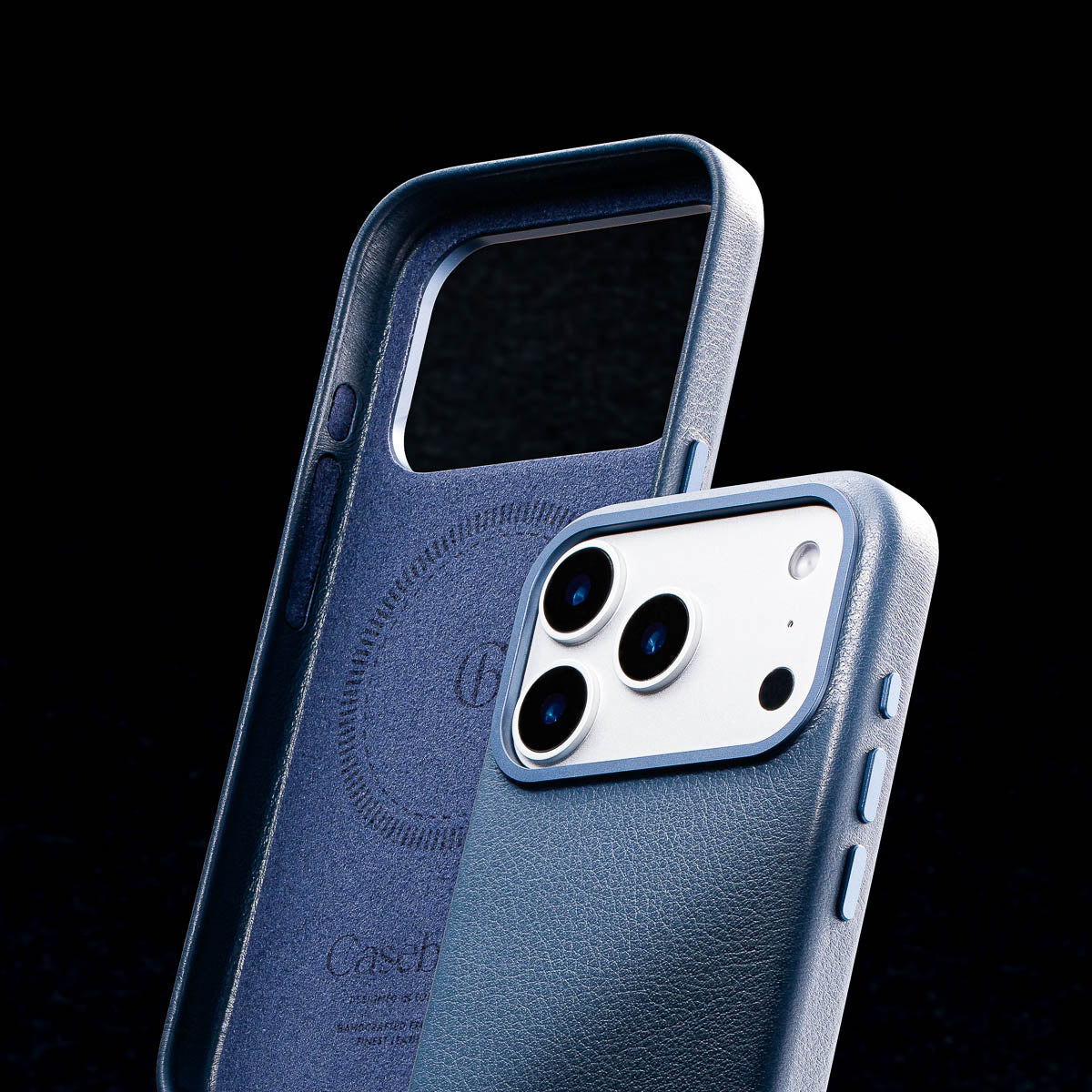 soft suede microfiber interior lining of iphone 17 pro max max steel blue leather case by casebelle