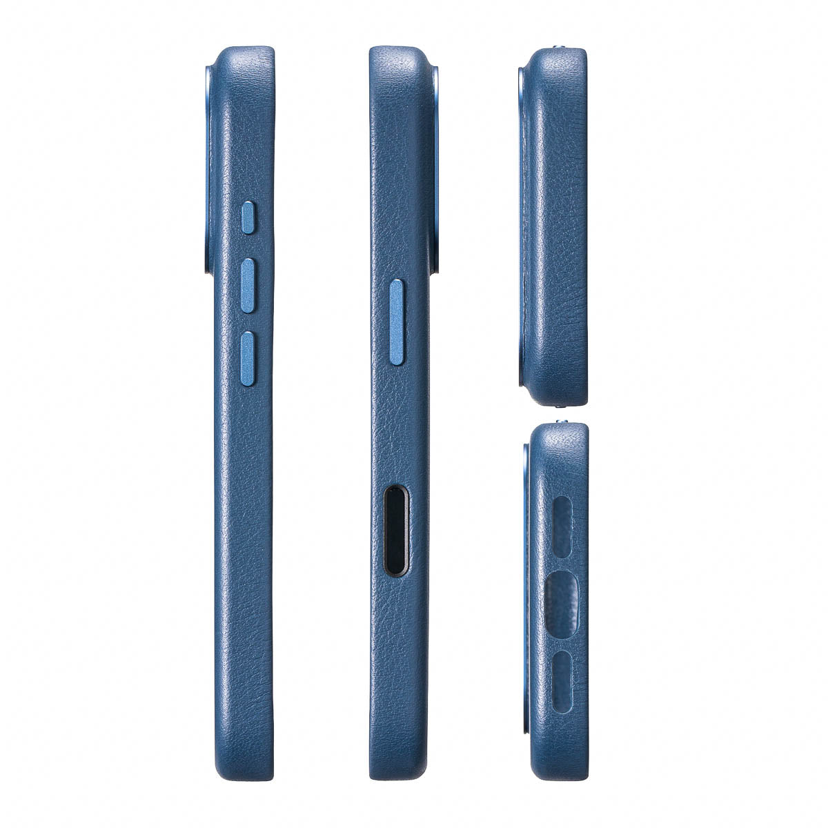 precisely cut speaker and charging port openings on iphone 17 pro max leather case in steel blue