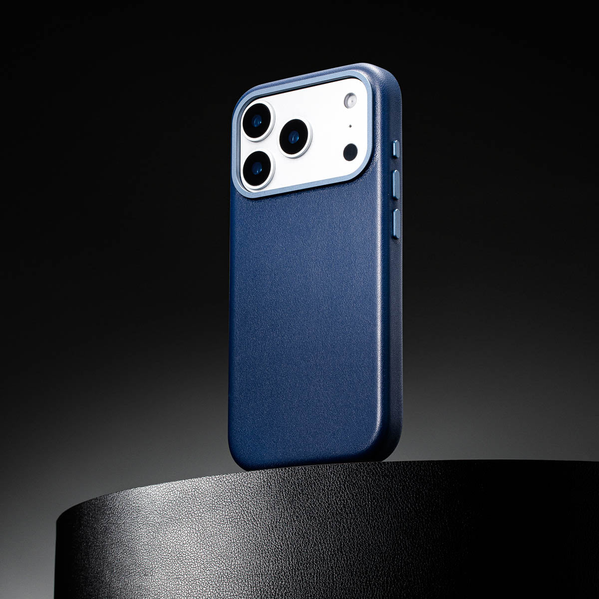 close up of steel blue leather case for iphone 17 pro max showing full grain italian leather texture