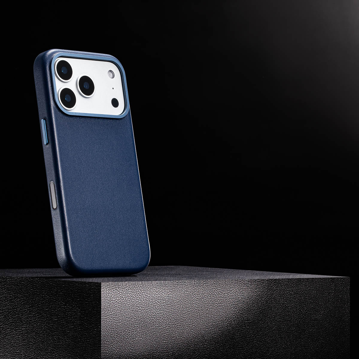 magsafe compatible steel blue leather case for iphone 17 pro max with smooth finish built in magnets