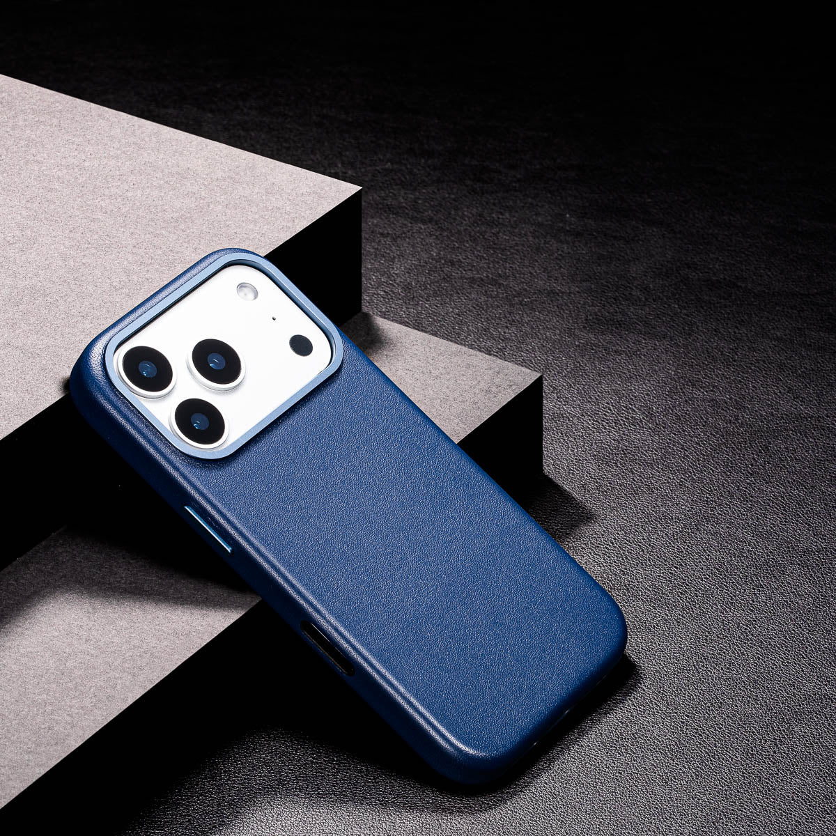 slim steel blue iphone 17 pro max leather case showing thin profile and curved edges