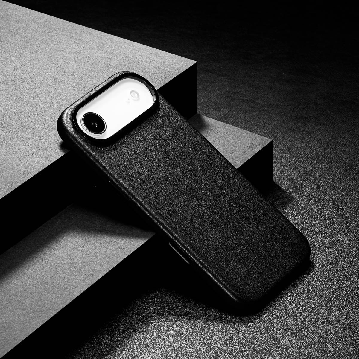 slim obsidian black iphone air max leather case showing thin profile and curved edges