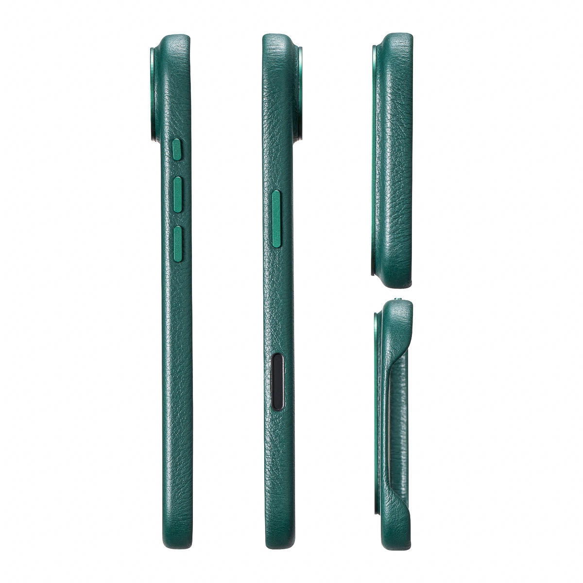 precisely cut speaker and charging port openings on iphone air max leather case in racing green