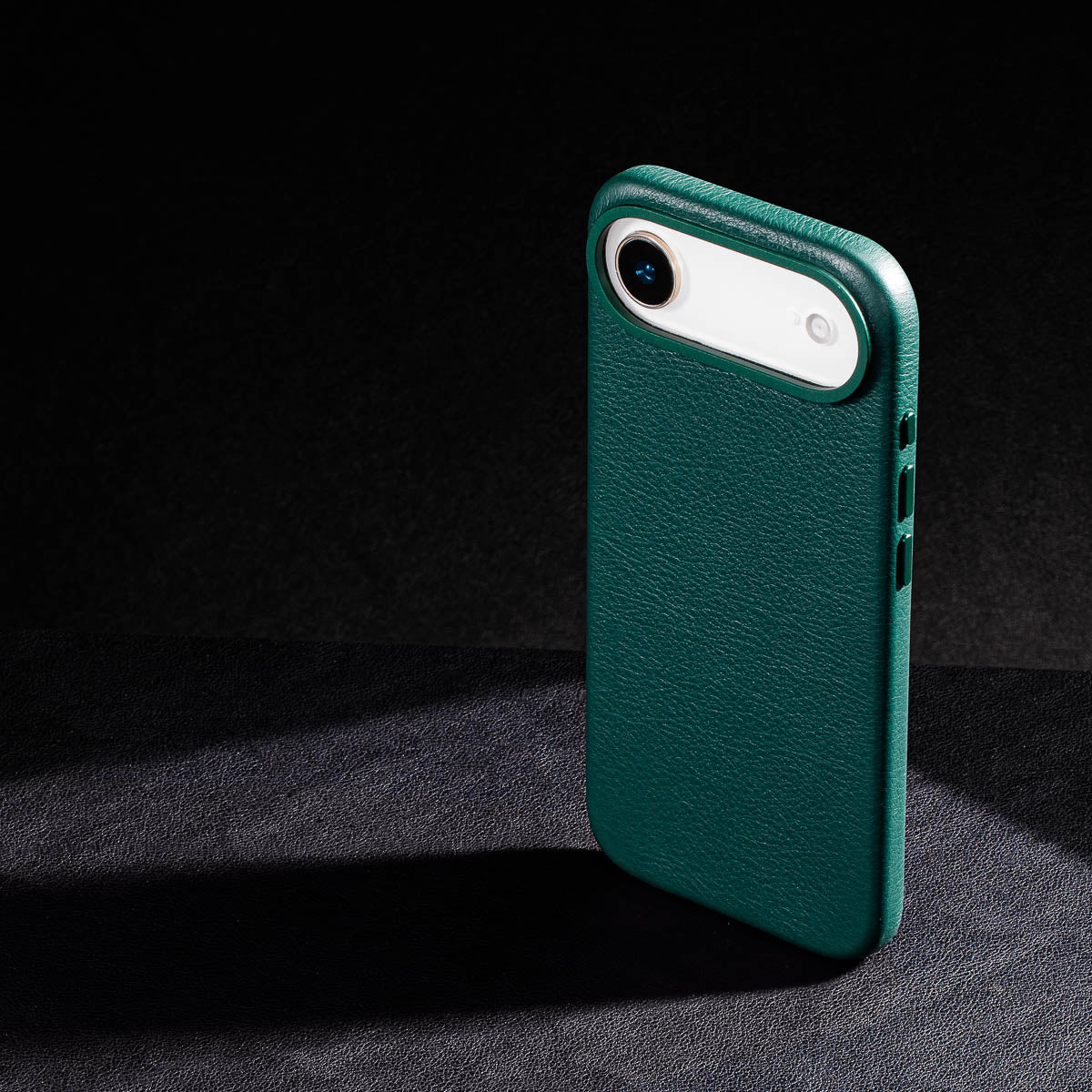 iphone air leather case in racing green Ð raised camera ring and colour matched metal buttons detailing