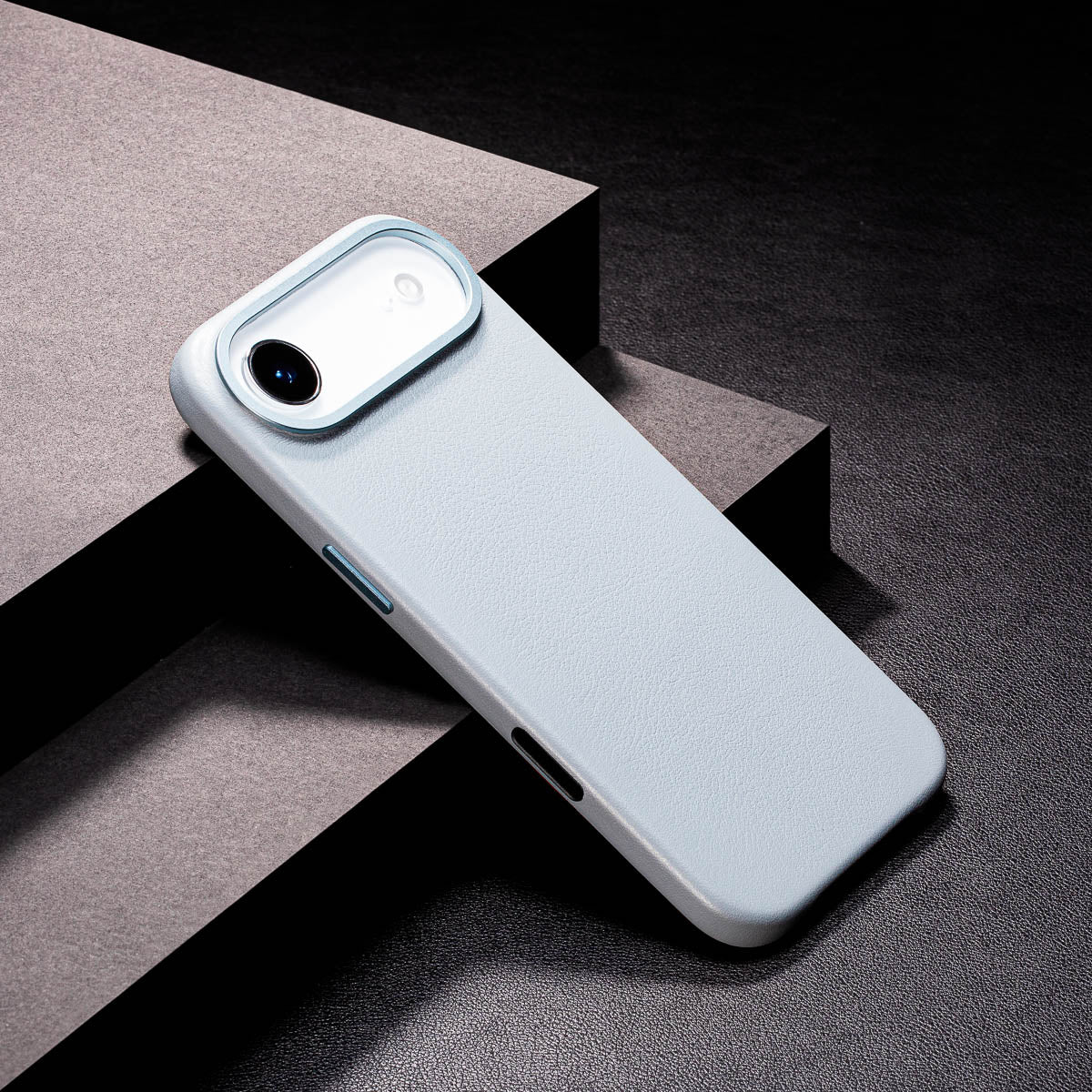 slim sky blue iphone air max leather case showing thin profile and curved edges