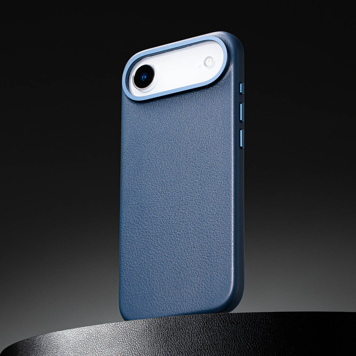 close up of steel blue leather case for iphone air max showing full grain italian leather texture