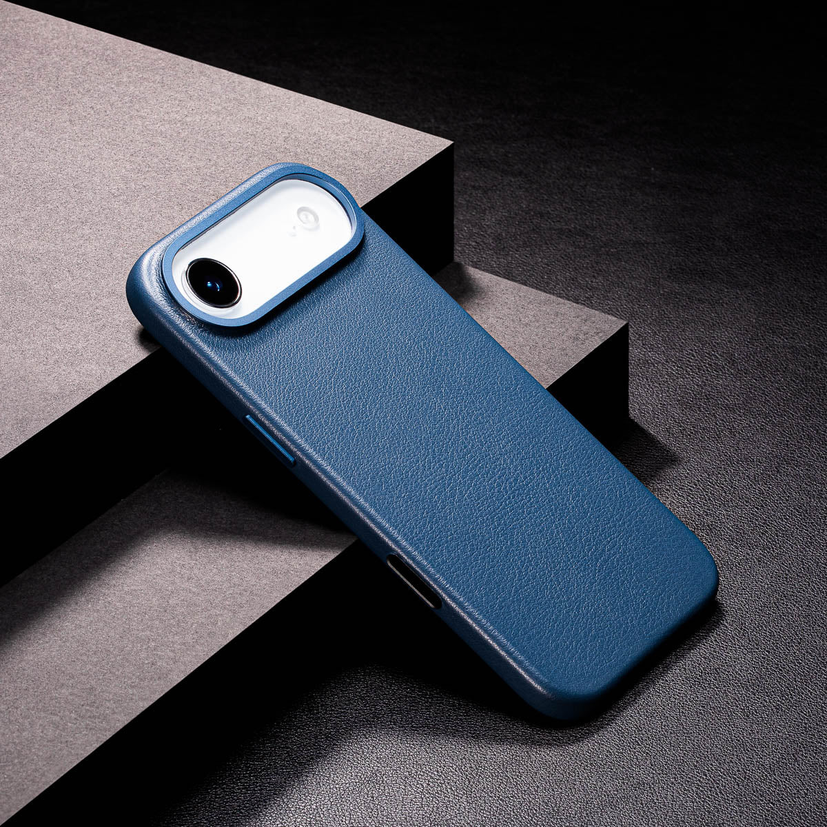 slim steel blue iphone air max leather case showing thin profile and curved edges