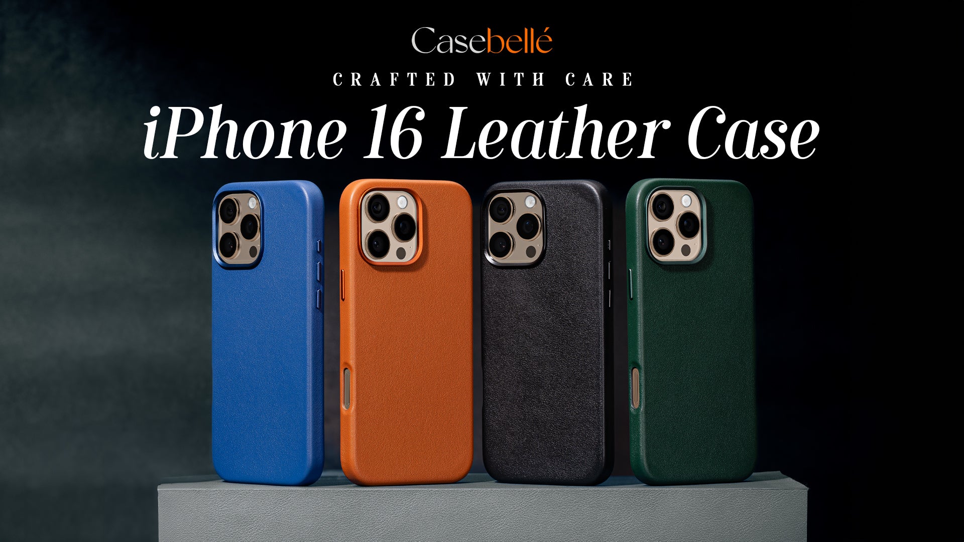 Four iPhone 16 leather cases in blue, tan, black, and green