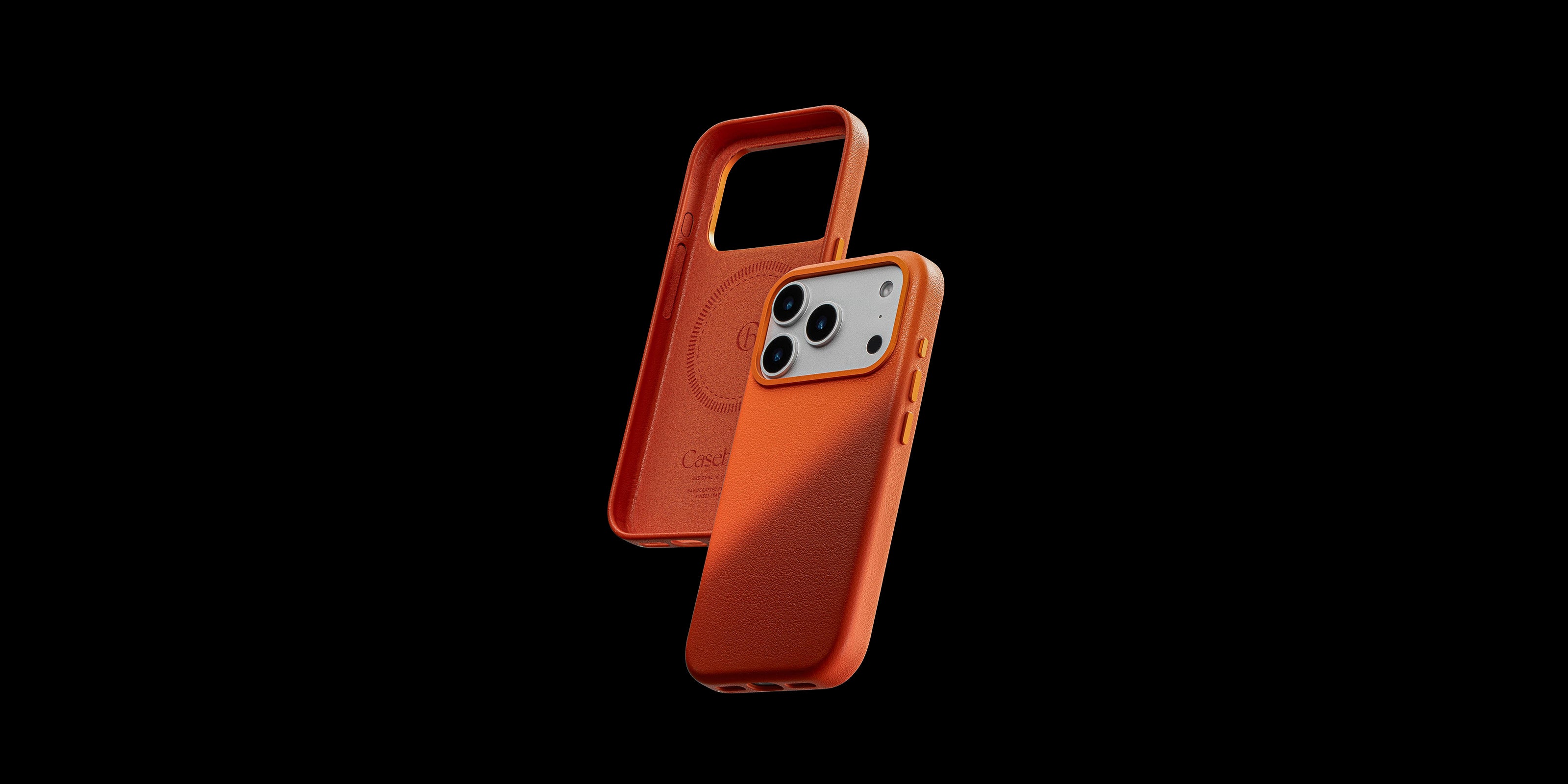 iphone 17 leather Orange phone case with a black background