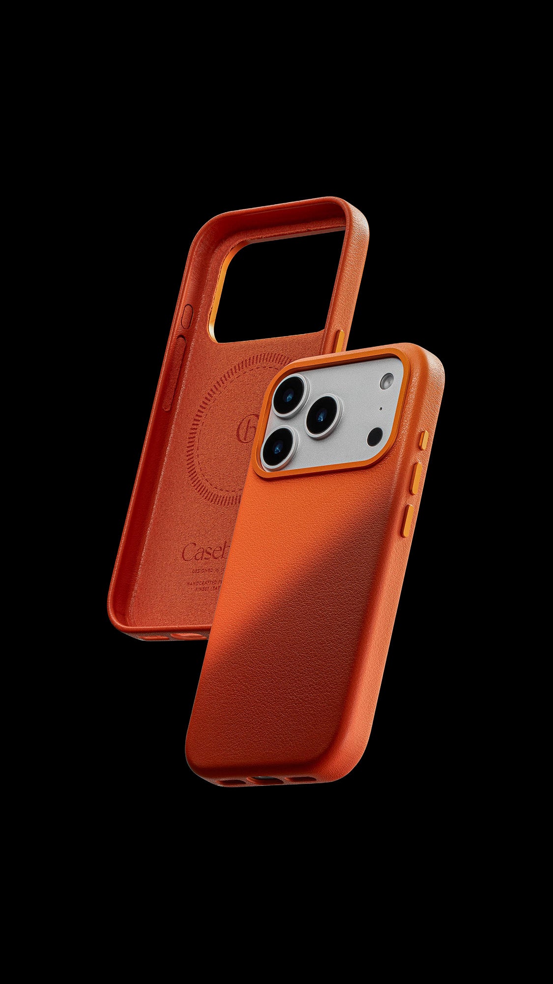 iphone 17 leather Orange phone case on a black background