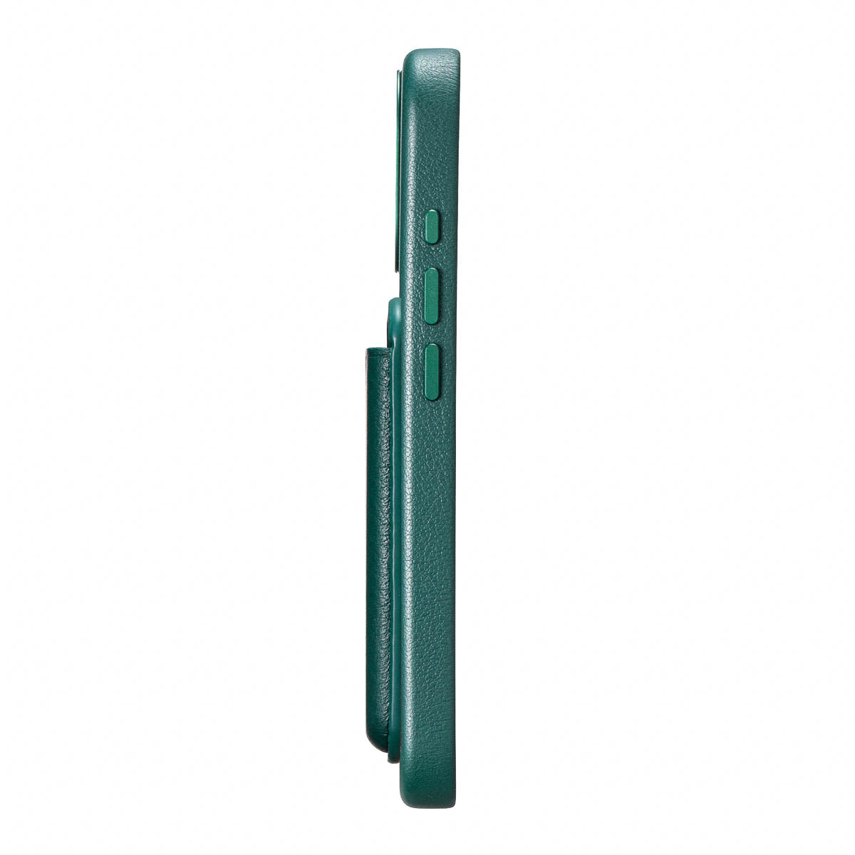 Racing Green leather MagSafe wallet attached to iPhone with strong magnetic hold