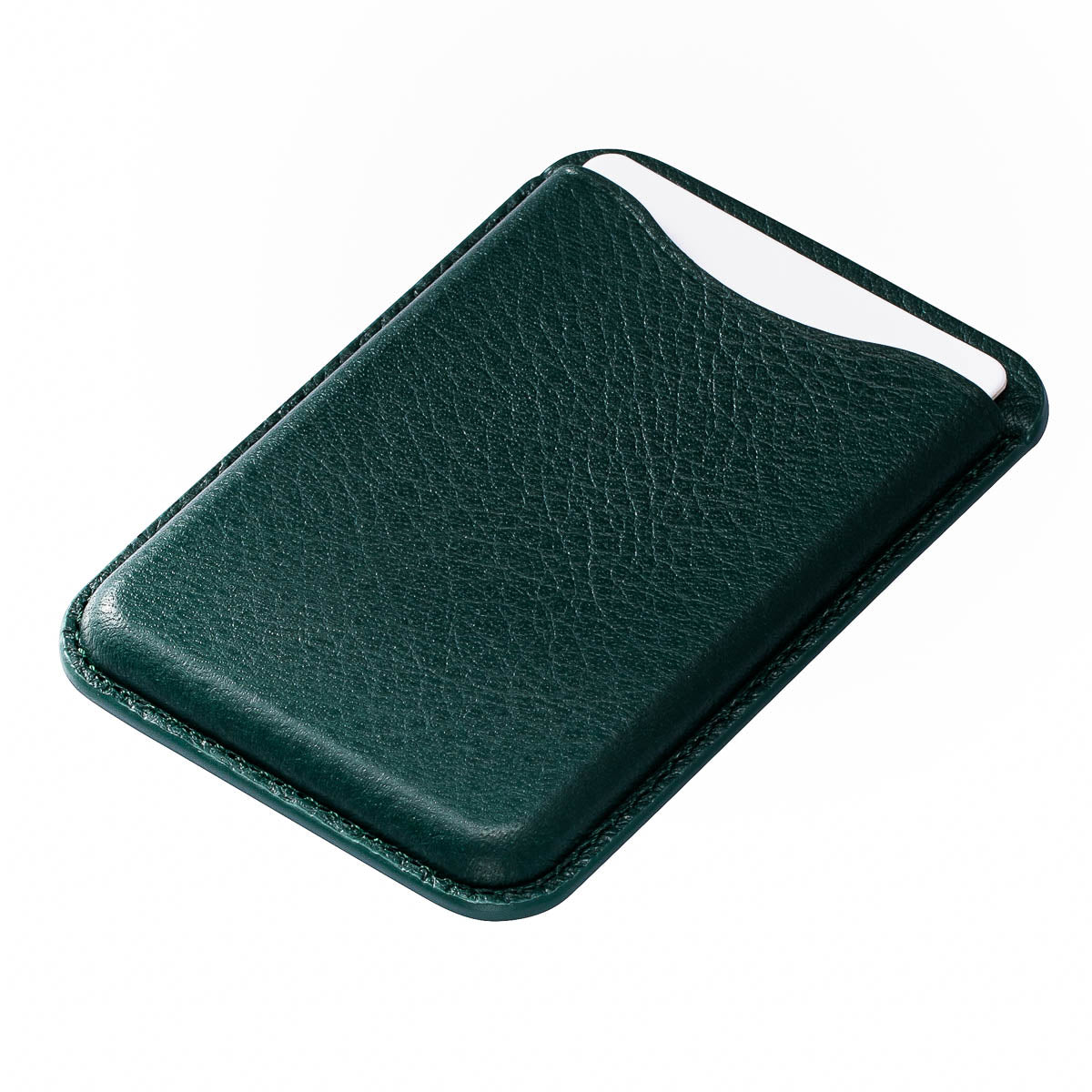 close-up of Racing Green full-grain leather texture on Casebelle MagSafe wallet