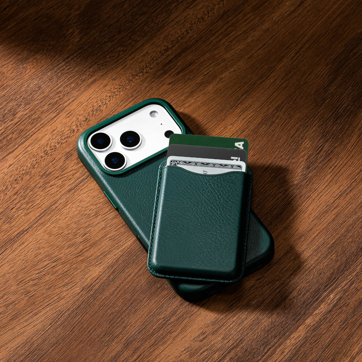 Racing Green leather MagSafe wallet showing slim profile and compact design