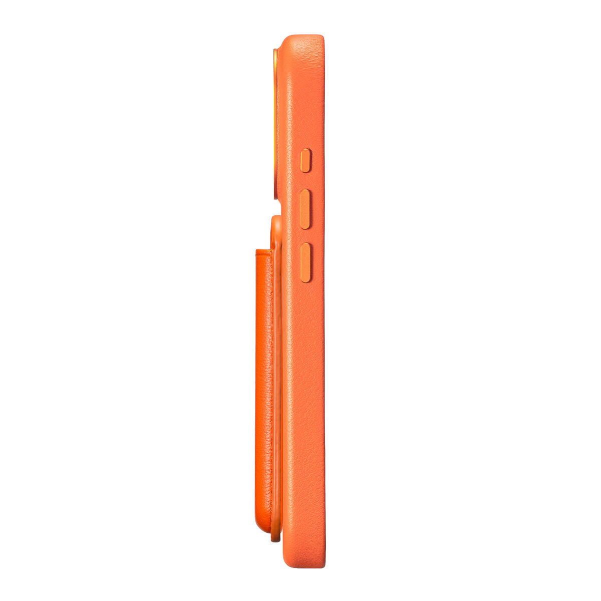 Solar Orange leather MagSafe wallet attached to iPhone with strong magnetic hold