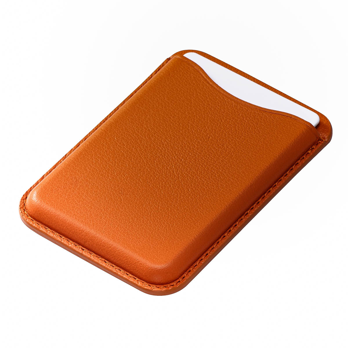 close-up of Solar Orange full-grain leather texture on Casebelle MagSafe wallet