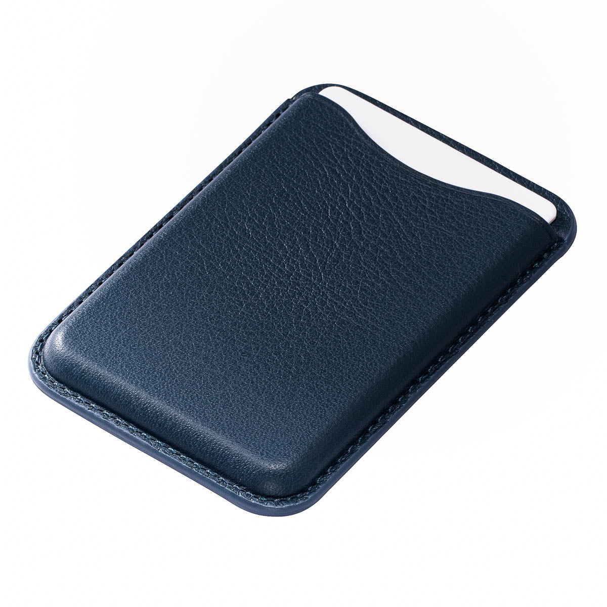 close-up of Steel Blue full-grain leather texture on Casebelle MagSafe wallet