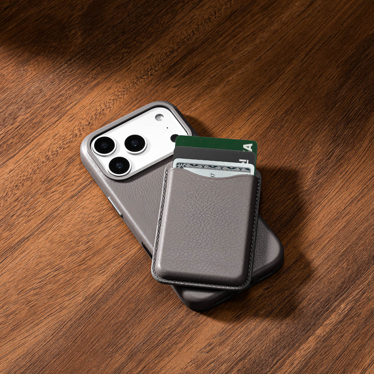 Stone Grey leather MagSafe wallet showing slim profile and compact design