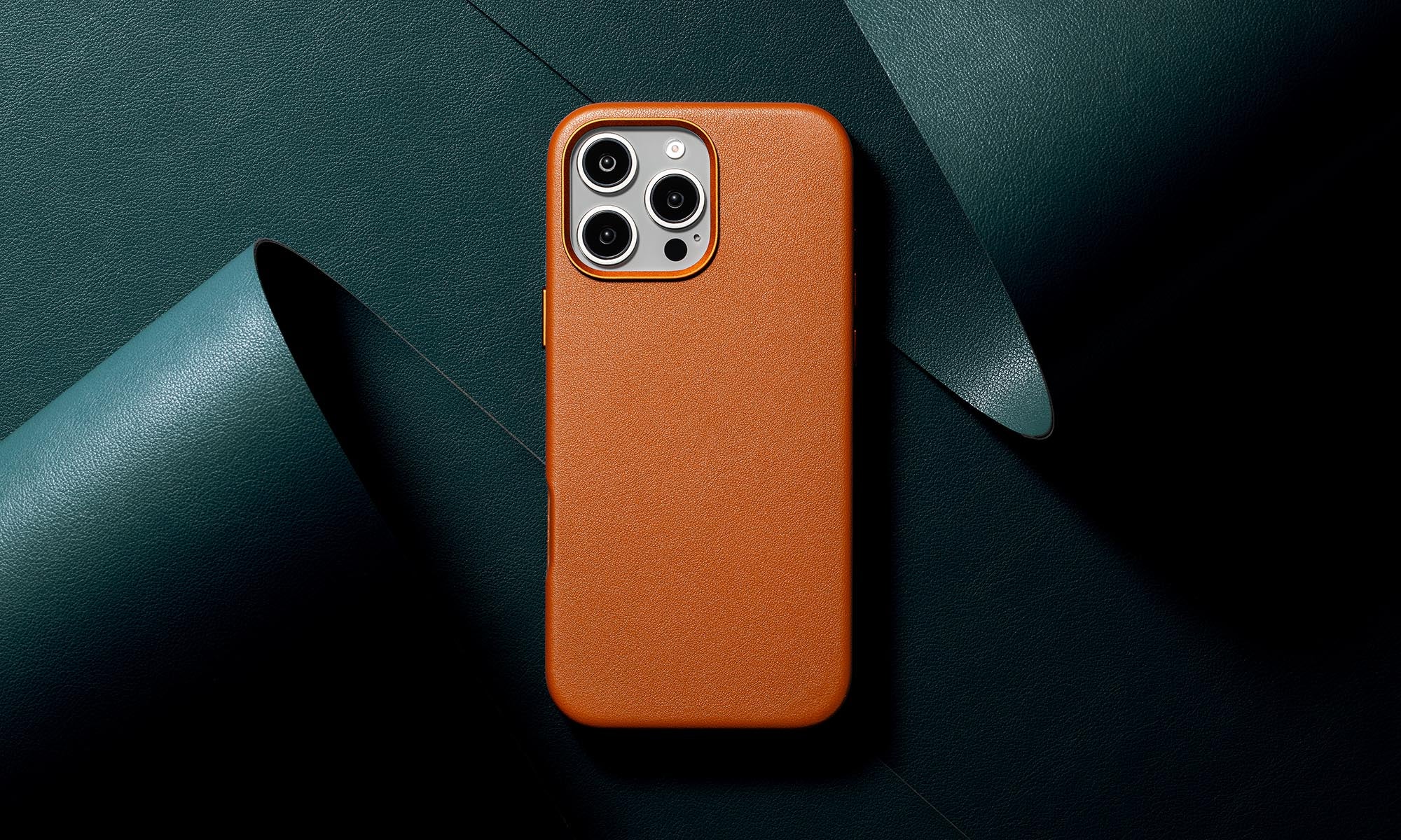 Close-up of Timeless Luxe leather phone case in Cognac Brown