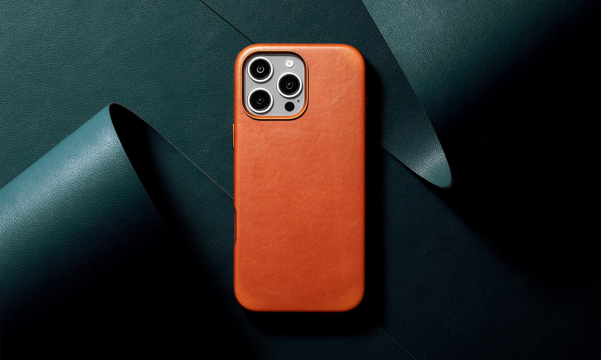 Close-up of a Timeless Luxe leather phone case showcasing a smooth finish and camera cut-out