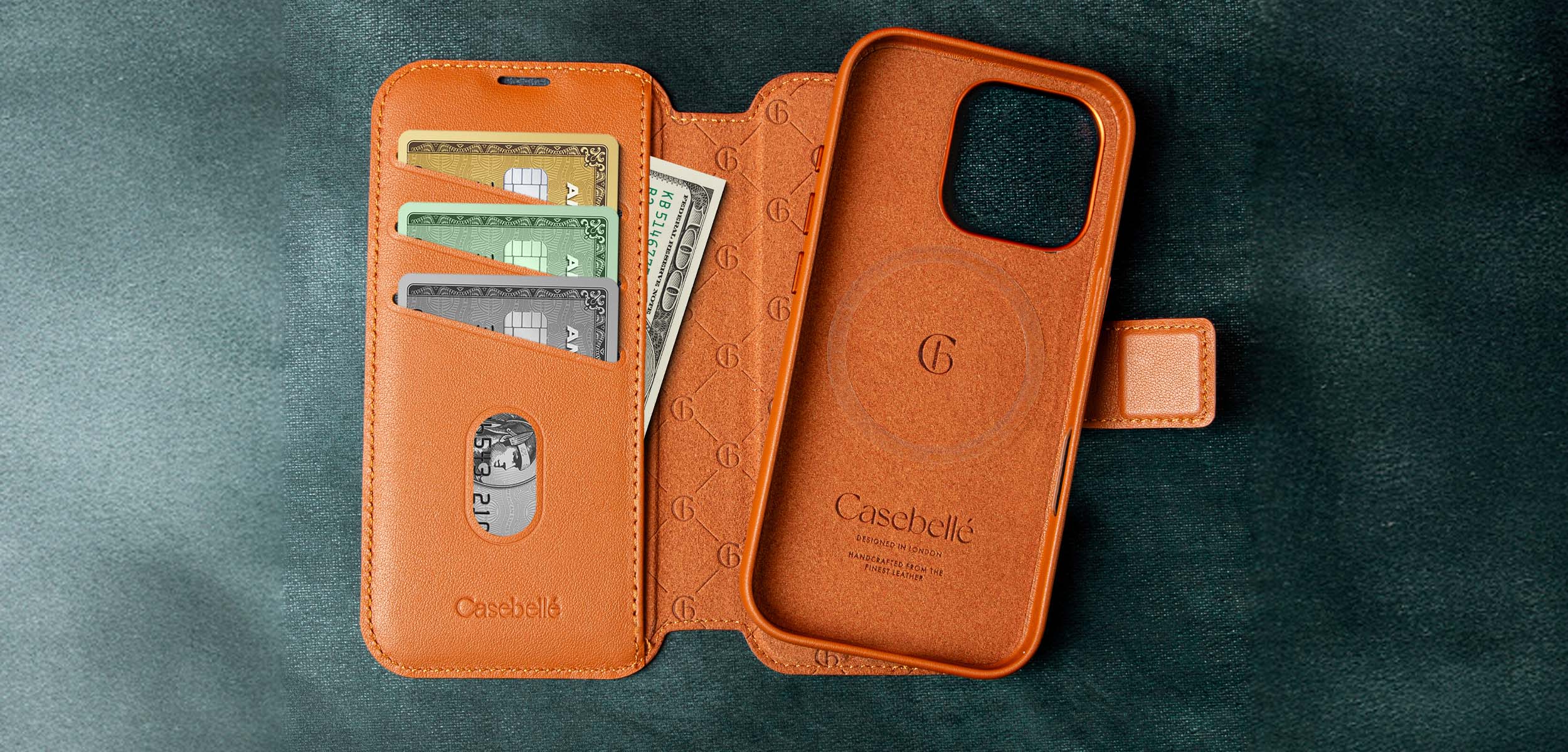 Wallet-style leather phone case with magnetic clasp