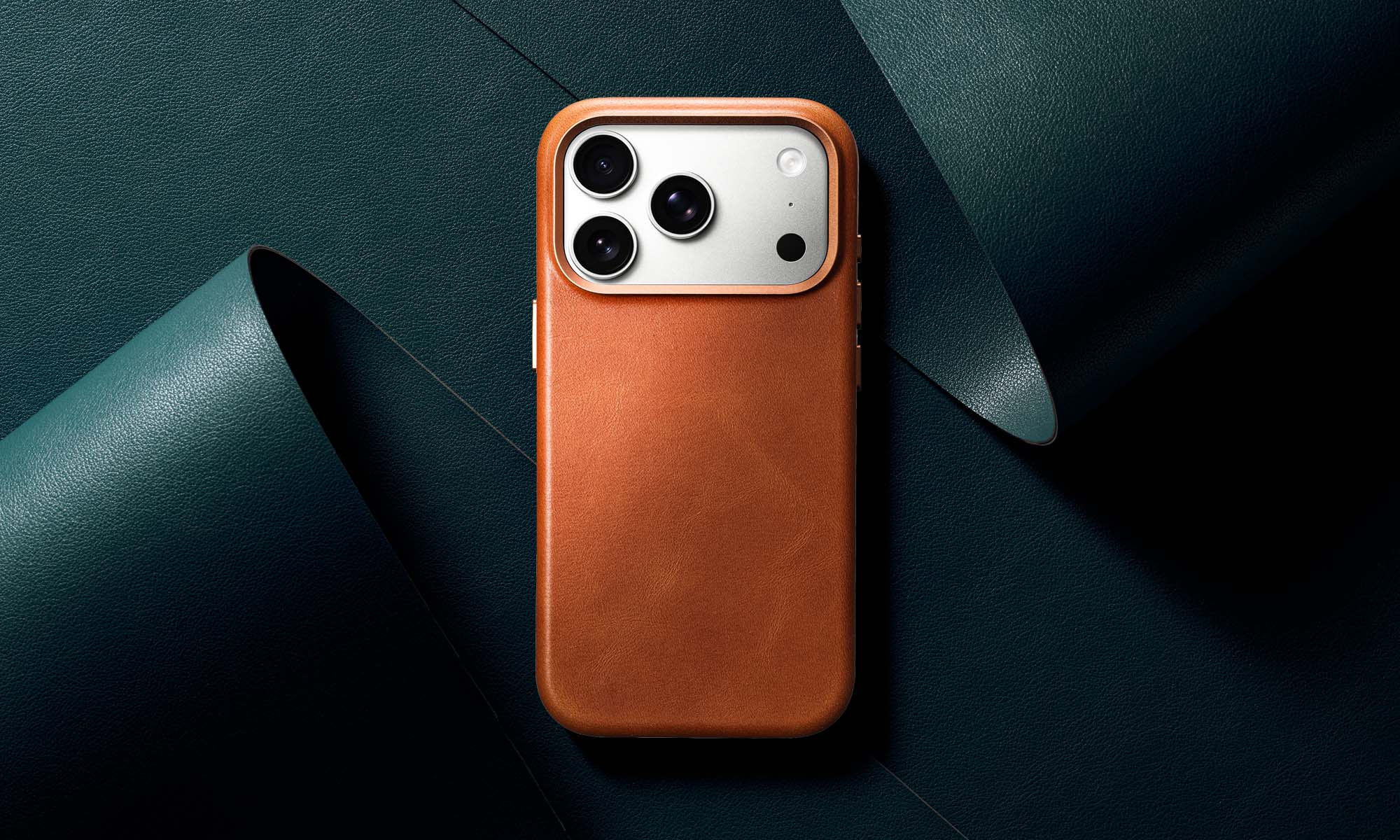 iPhone 17  pro max Brown leather phone case on a dark green background with patina