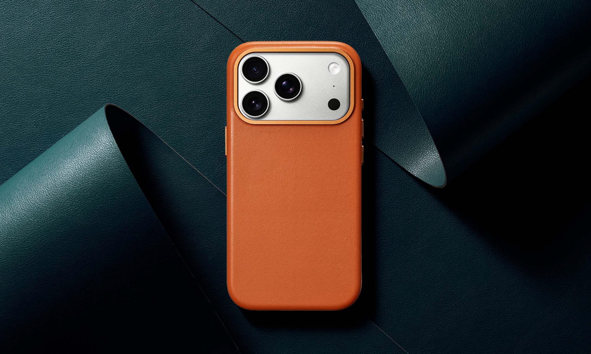 iPhone 17  pro max Brown leather phone case on a dark green background 