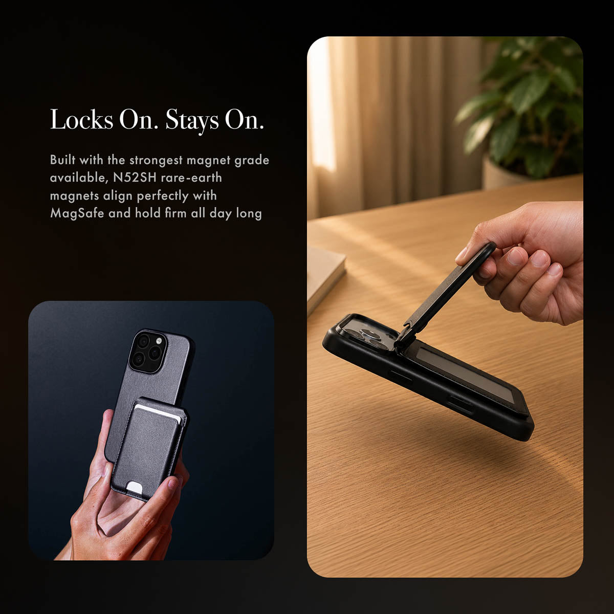 MagSafe Compatible Kickstand Leather Wallet - Obsidian Black
