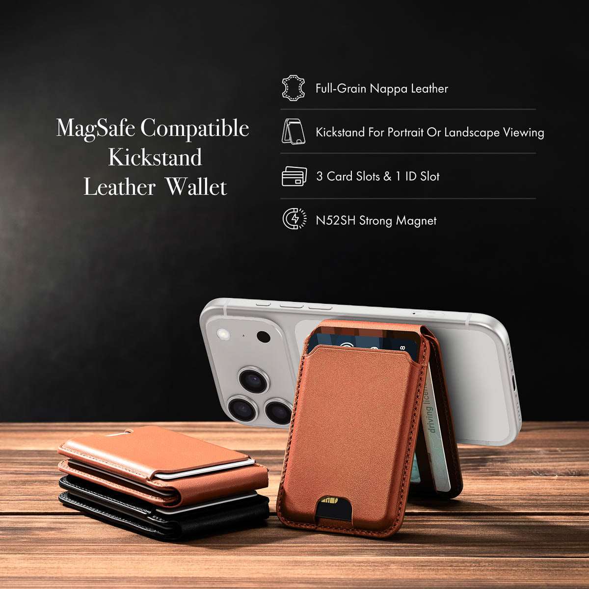 MagSafe Compatible Kickstand Leather Wallet - Cognac Brown