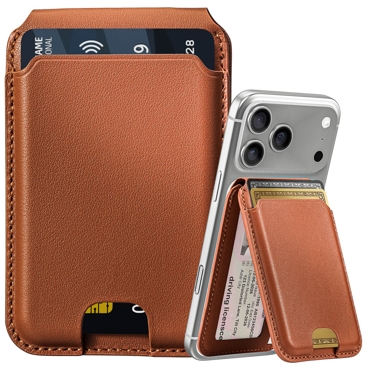 MagSafe Compatible Kickstand Leather Wallet - Cognac Brown
