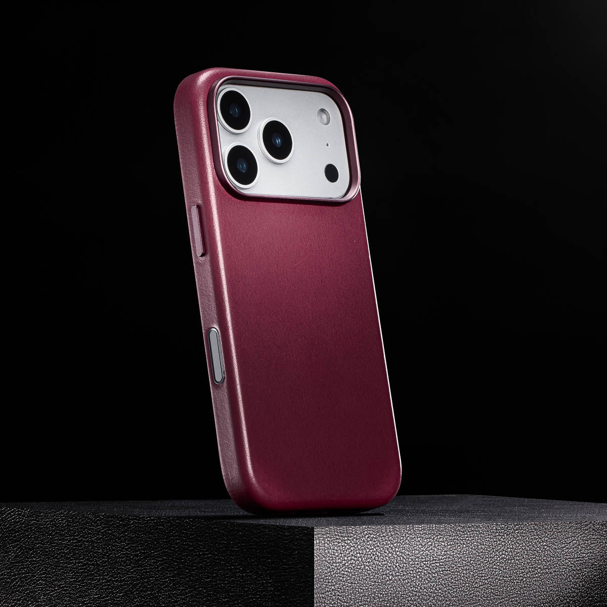 aluminium side buttons and camera control button on iphone 17 pro leather case in burgundy