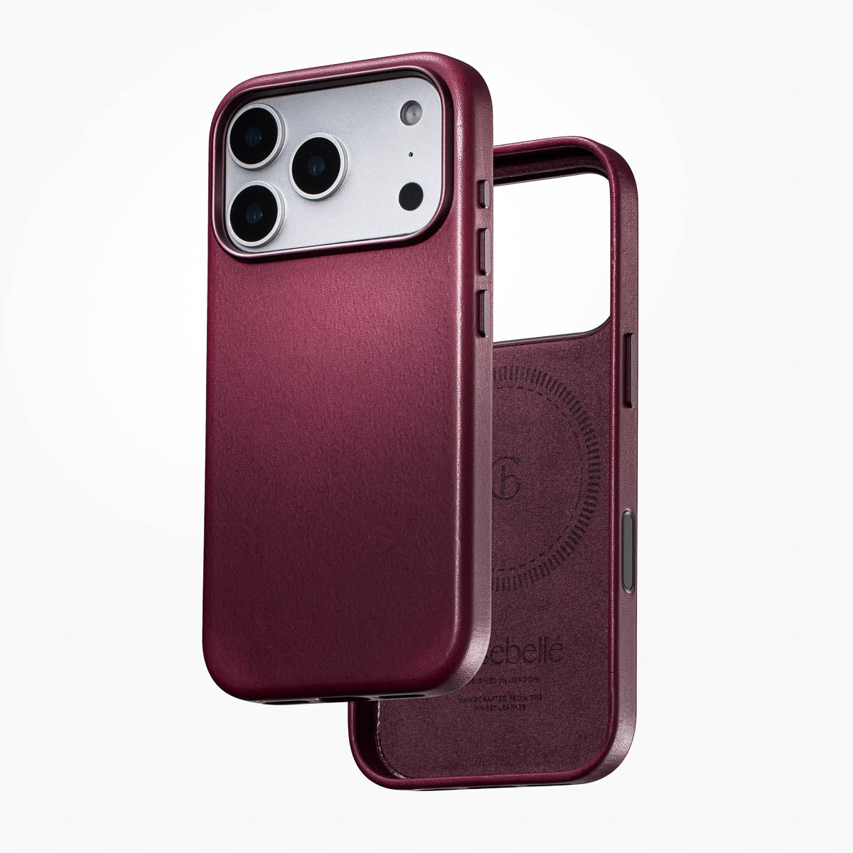 front and back view of iphone 17 pro max leather case in burgundy