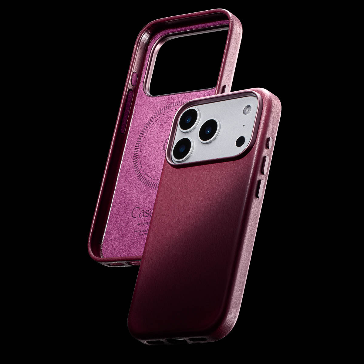 microfibre lining and magsafe ring inside iphone 18 pro leather case in burgundy