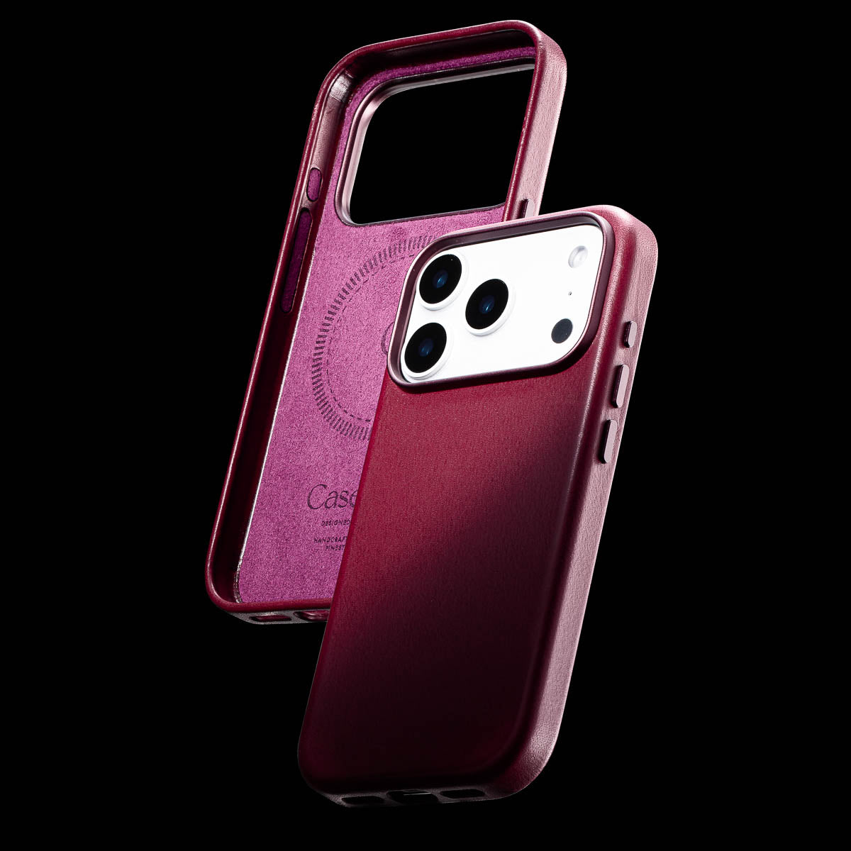 inside of cherry iphone 18 pro leather case showing soft microfibre lining, magsafe ring and embossed casebelle branding